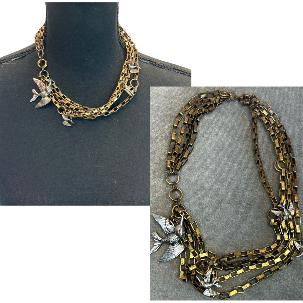Brass toned multi layered chain-link Hummingbird charm necklace